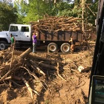 Crew loading brush and limbs into a dump truck during a lot clearing job