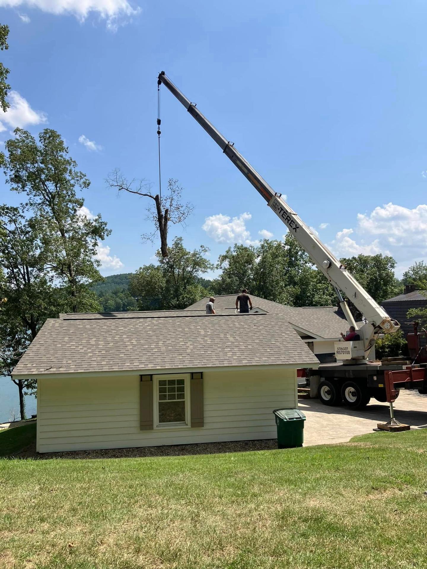 Crane lifting a dead tree over a lakeside home during a precision tree removal in North Alabama